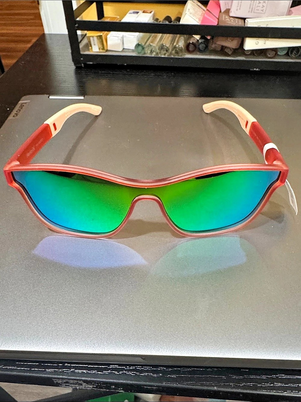 Hurley Polarized Sport Wrap Sunglasses – Coral/Cream with Green Mirror Lenses. B